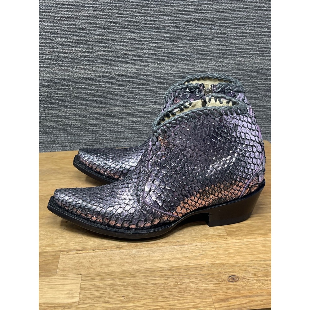 Allens Boots Ankle Booties Women 8 B Purple Metallic Python Snip Toe Western Zip